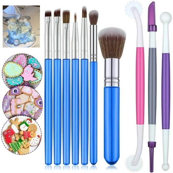 Cangfort 10 Pieces Cake Baking Brushes, DIY Cake Decorating Tool Set, Chocolate Sugar Cookie Decoration Brushes Set Cookie Decorating Supplies with Fondant and Gum Paste Tool (Blue)