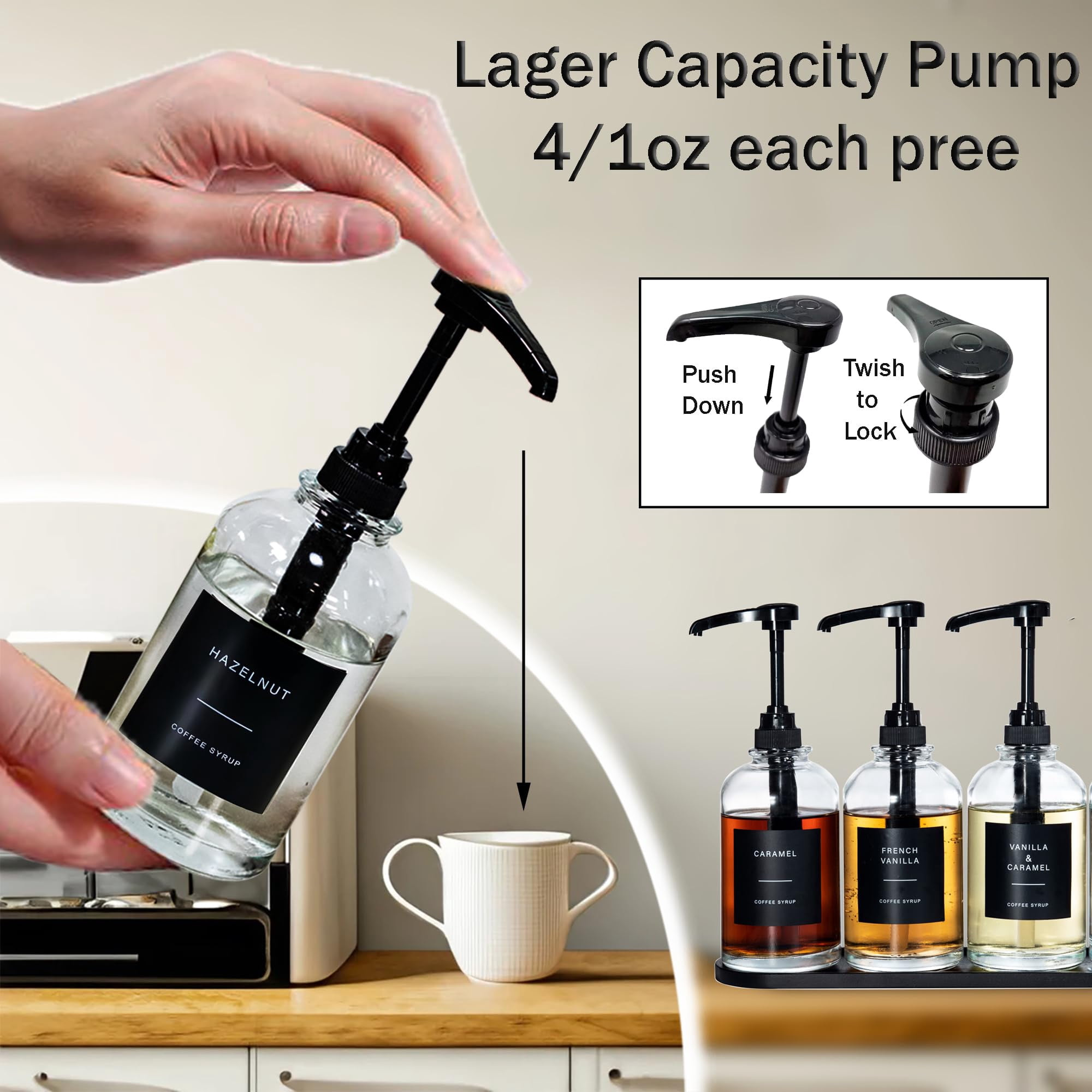 Coffee Syrup Dispenser For Bar  Glass Bottle With 1/4 Oz Large Capacity Pump Station Black Tray 16.9oz Set Of 4