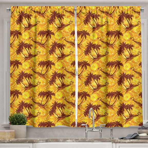 Ambesonne Hawaiian Kitchen Curtains, Ocean Island Palms, 55"x39", Marigold and Brown