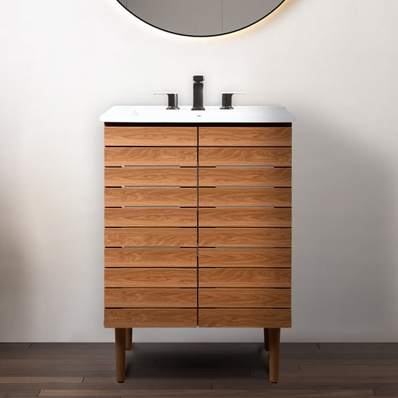 JONATHAN Y Aubert 24 in. W x 18 in. D x 33 in. H, Thick Linear Slat 2-Shelf, Bath Vanity Cabinet ONLY, Walnut, VAN1001B