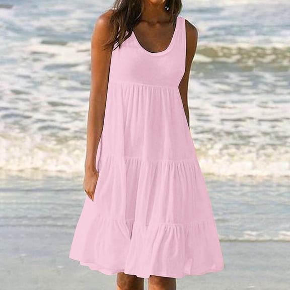 Nuoqisi Sundresses for Women Summer Casual Loose Sleeveless Tiered Swing Crew Neck Tank Dress