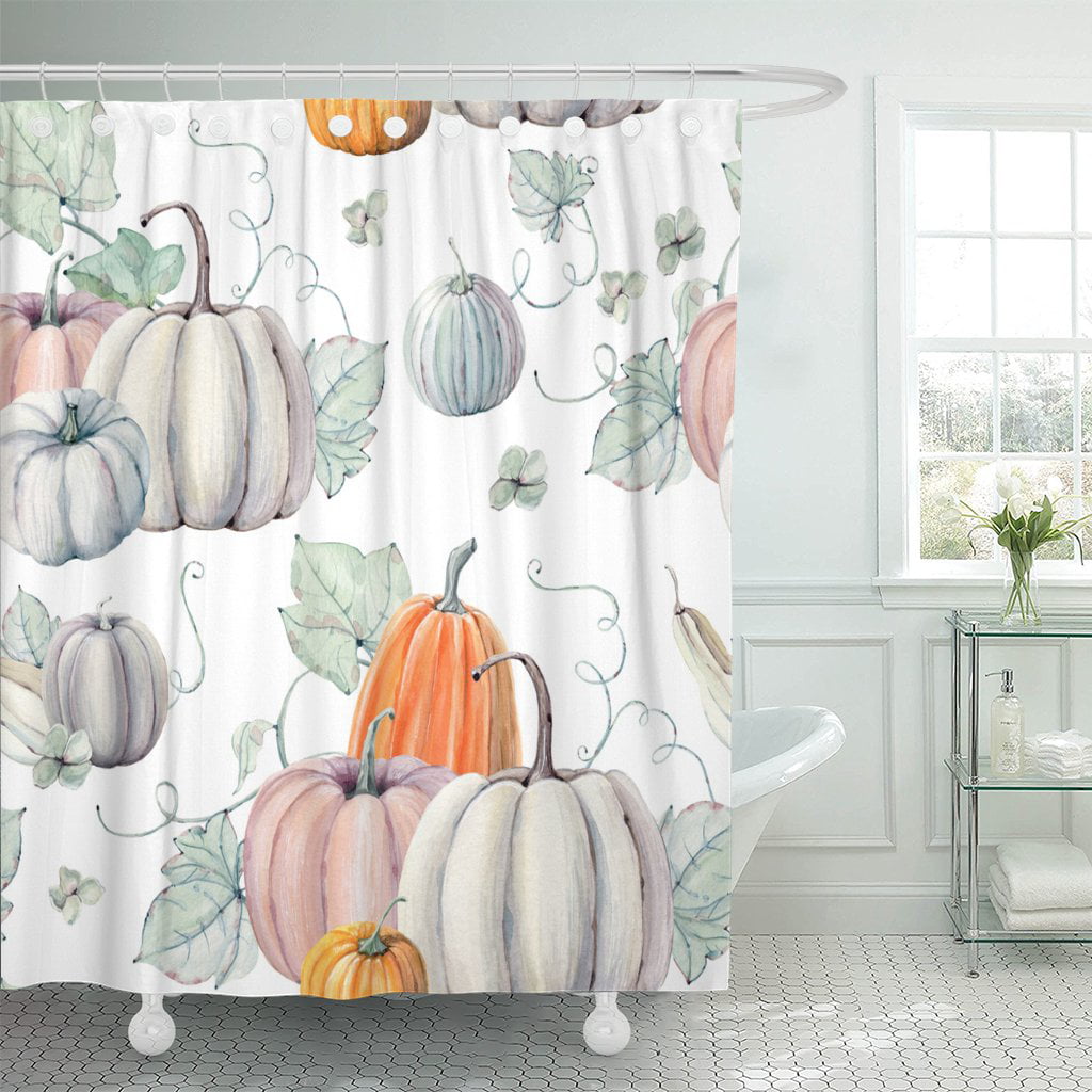 Fall Night Scenery Pumpkin Lights and Sycamore Tree Shower Curtain Hooks 72X72'' 