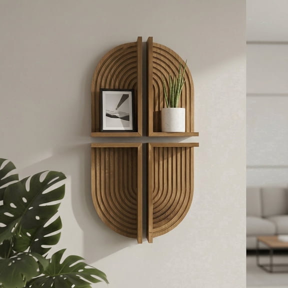 American Art Decor Brown Natural Boho Arched Lunar Ledges Wall Shelf, Wood 4 Piece Floating Display Shelf, Modular Arch Bookshelf for Bedroom, Bathroom, Kitchen & Living Room Decor, 6" x 12" x 4.75"