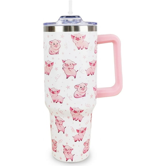 Pink Pig 40oz Tumbler with Handle and Straw - Insulated Travel Mug, Cute Coffee Cup Gift for Women, Pig Lovers - Unique Birthday Christmas Present
