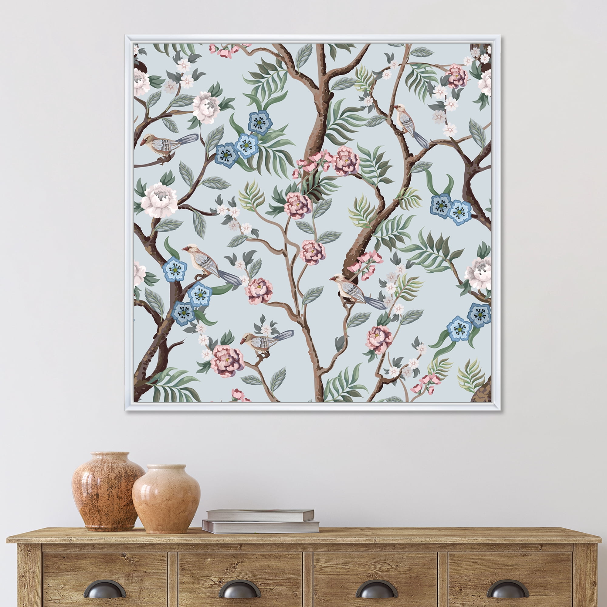 Designart 'Birds and Peonies With Chinoiserie X' Traditional Framed Canvas Wall Art Print