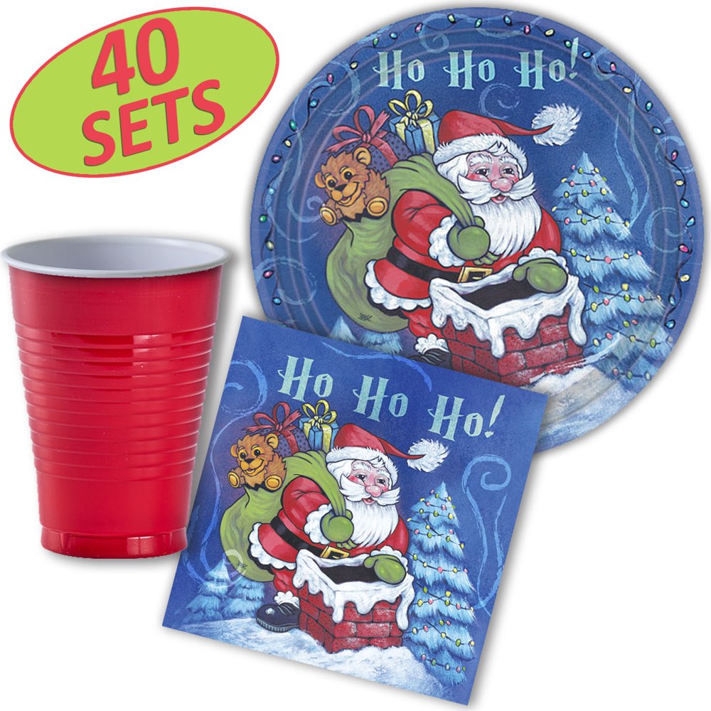 Christmas Santa Party Supplies 40 Sets Dinner Plates, Napkins, 12