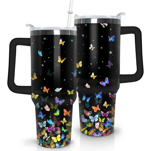 Butterfly Tumbler with Lid and Straw, Stainless Steel 40oz Tumbler with Handle, Butterfly Travel Coffee Mug Water Bottle, Butterfly Gifts Cups for Women and Girls
