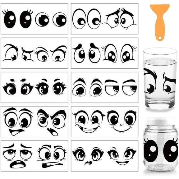 1Sets 10 Pcs Funny Eyes Theme Cup Printing UV Transfer Papers 10 Styles Facial Features Expression Eyes PVC DIY Heat Transfer Stickers for 16 OZ Glass Cups Crafts 9.5x4.3inch
