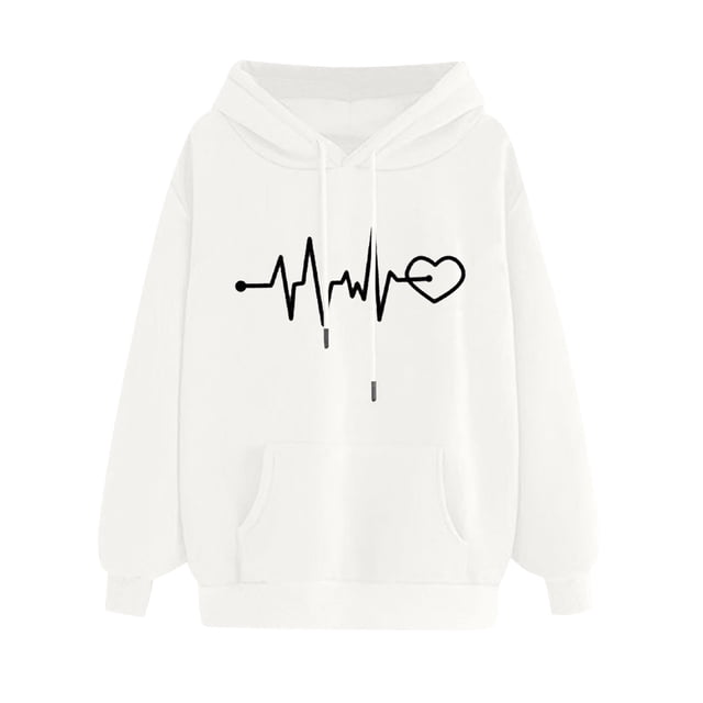 Pompotops Women's Comfortable Sweater Heart Pattern Printed Women's Hooded Pocket Drawstring Sweater Clearance