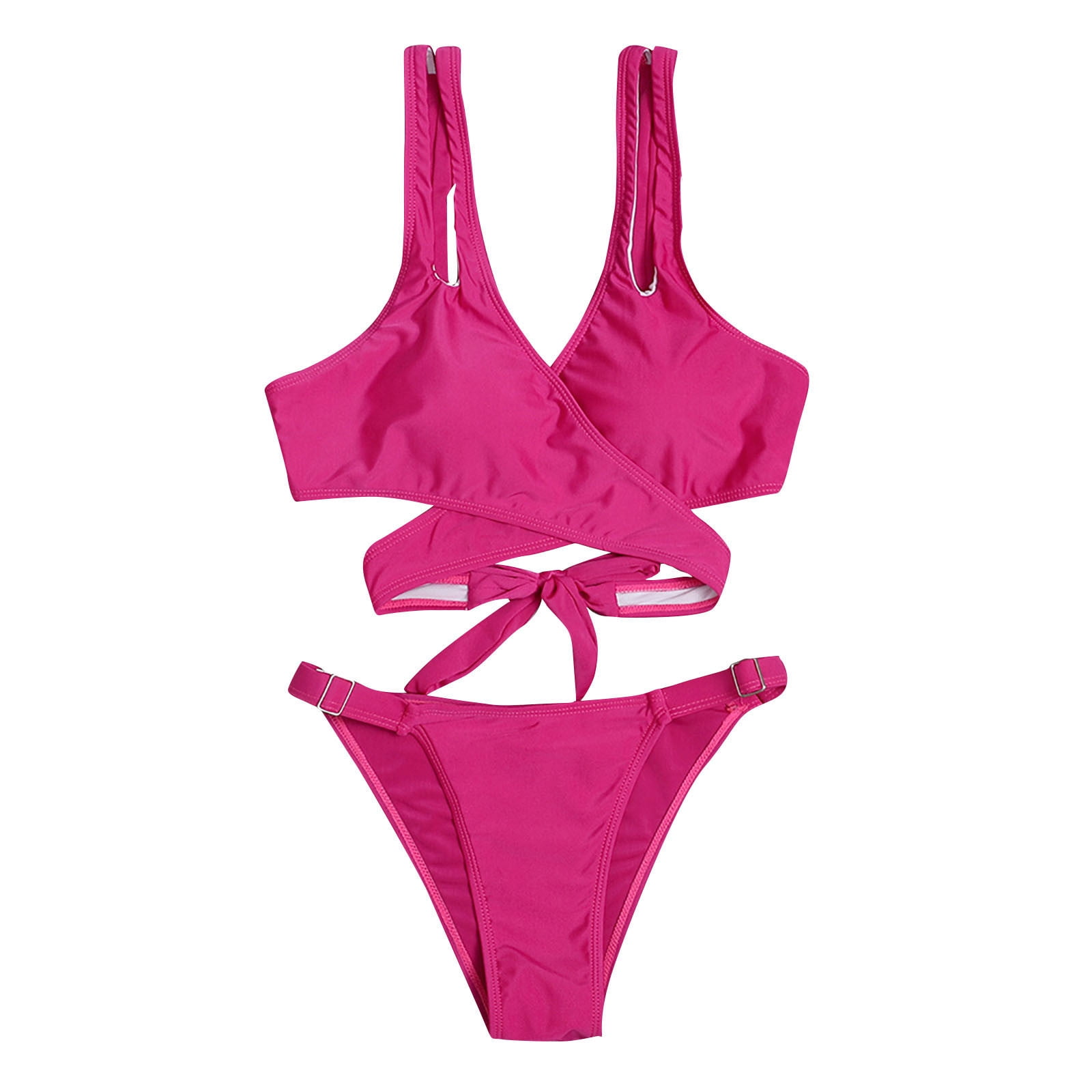 Hot Pink Bikini Swimsuit For Women Cross Wrap Bikini Top With Low Rise