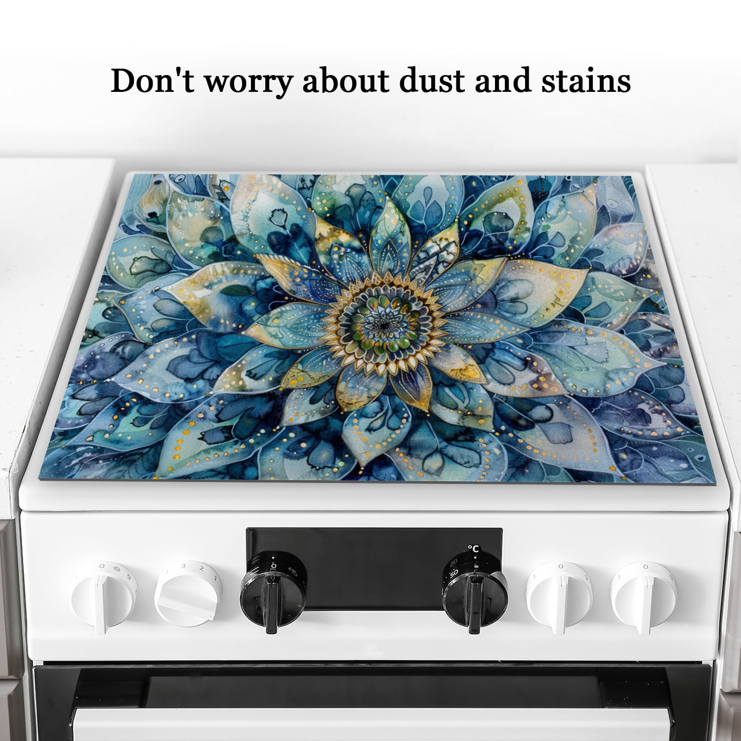 Square Stove Covers for Countertop, Blue Mandala Flower Intricate Print Waterproof Stovetop Cover, Foldable Glass Cooktop Protector Mat for Kitchen RV (28×20 Inch)