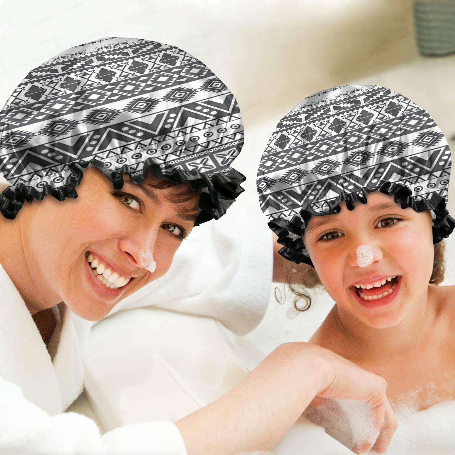 Shower Caps,Black Geometric Diamond Striped Pattern Waterproof Shower Cap for Women 4 Pieces,Double Reusable Hair Cover for Shower PEVA Elastic Stretch Hem