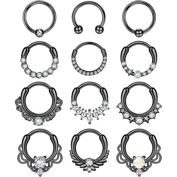 12pcs Septum Jewelry 16g Daith Earrings Hinged Hoop Nose Rings Septum Clicker Cz Stainless Steel Cartilage Earring Helix Tragus Daith Piercing Jewelry