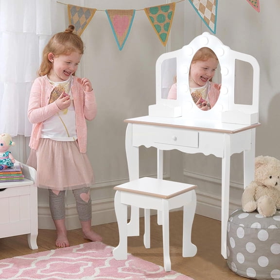 Girls Vanity Set with LED Mirror & Drawer - Wooden Princess Makeup Desk & Chair, Pretend Play Dressing Table for Included white