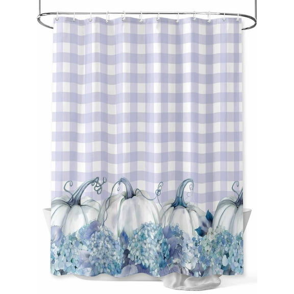 Blue Pumpkins Thanksgiving Shower Curtain Set, Waterproof Shower Curtains for Bathroom, Fall Floral Purple Plaid Washable Fabric Cloth Bath Curtain for Bathtub Decoration with Hooks 72x78 Inches