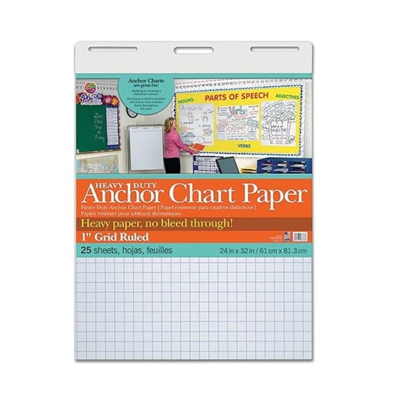 PAC3373 Heavy Duty Anchor Chart Paper, 1" Grid Ruled, 24" Width, 32" Length, 25 Sheets, White