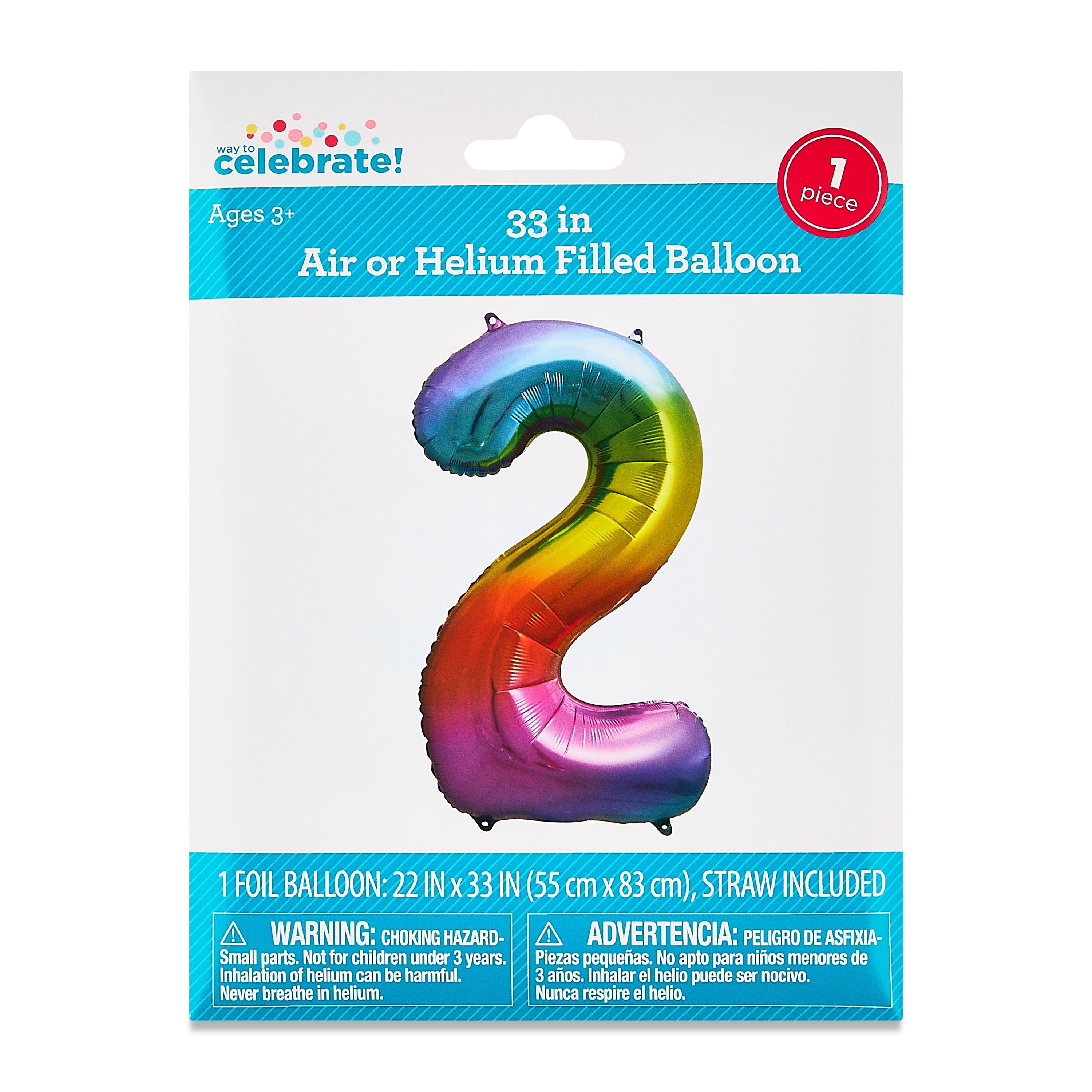 33" Rainbow Number 2 Foil Balloon, by Way To Celebrate