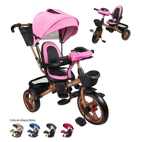 Triciclo Infantil Tipo Carriola con Bastón Ajustable Luz y Sonido-Rosa