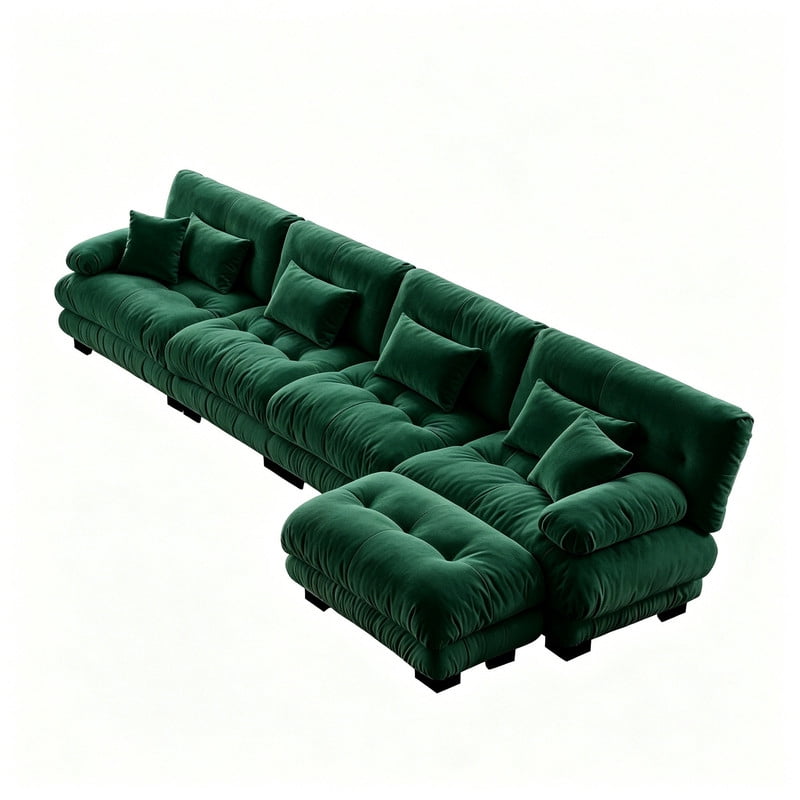 ANPPORT Cloud Couch Sleeper Sofa, Chenille Green 4-Seater Modular Sofa with 1 Ottomans, 4 Lumbar pillows, 2 Pillows, Comfy Deep Seat Cloud Sofa, Convertible L-Shaped Floor Couch for Living Room
