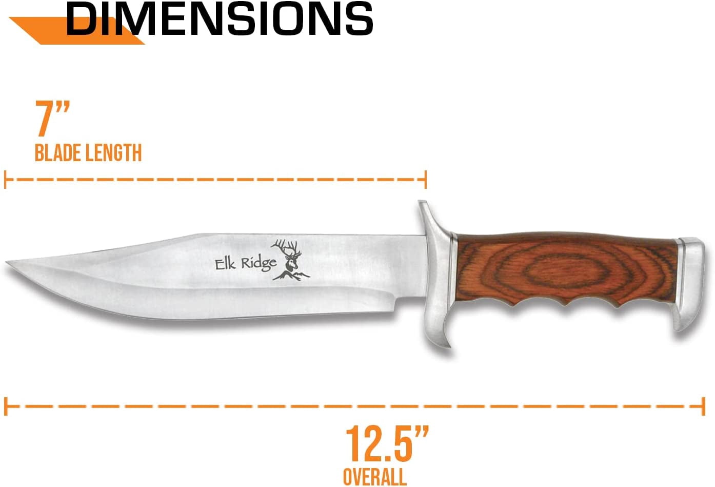 Elk Ridge ER-012 Fixed Blade Knife - 8.5" Overall 3cr13 Steel Blade, Brown Pakkawood Handle, Full Tang Outdoor Hunting Survival Tactical Knife with Leather Sheath
