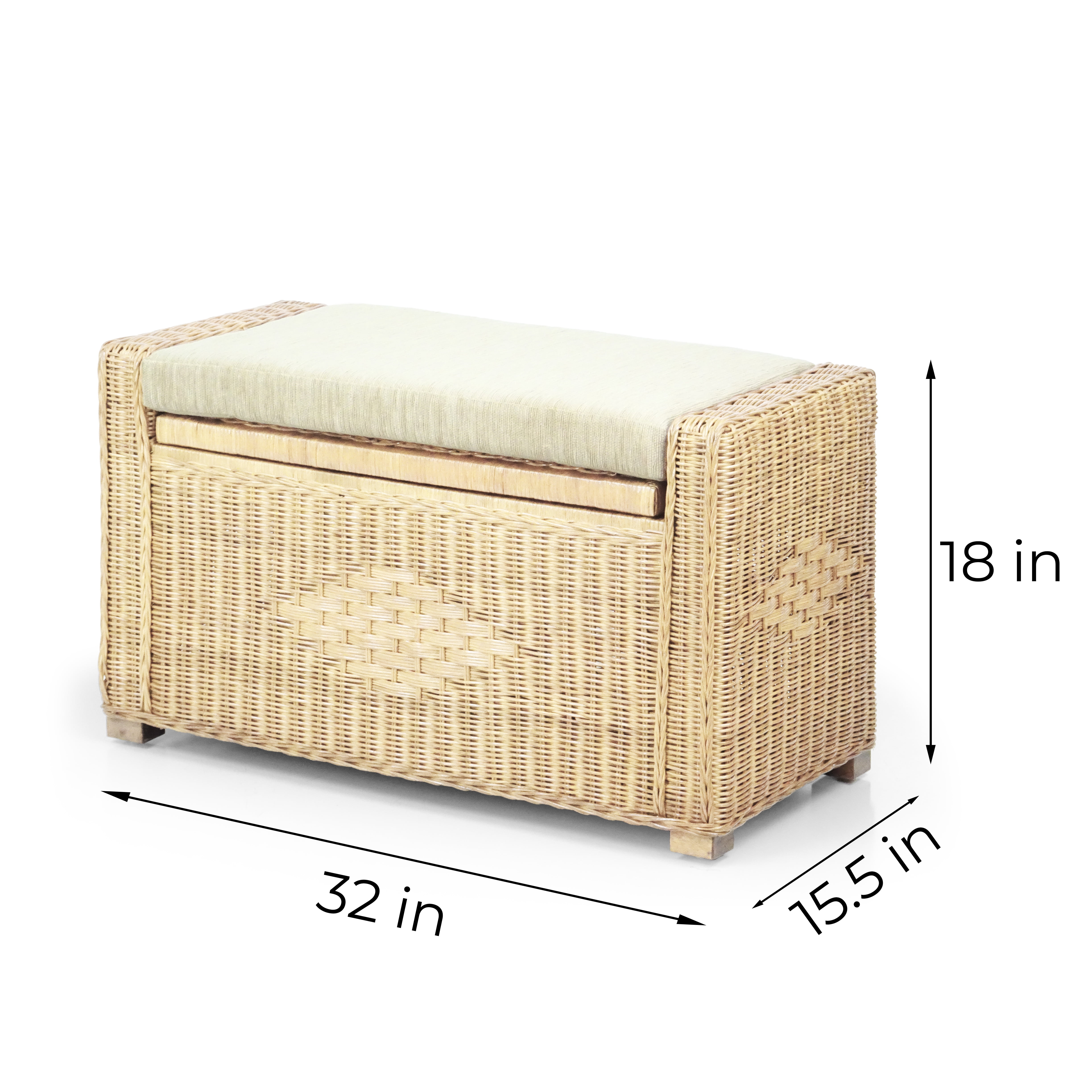 Bruno Handmade 32 Inch Rattan Wicker Chest Storage Trunk Organizer Ottoman W/Cushion Natural Color