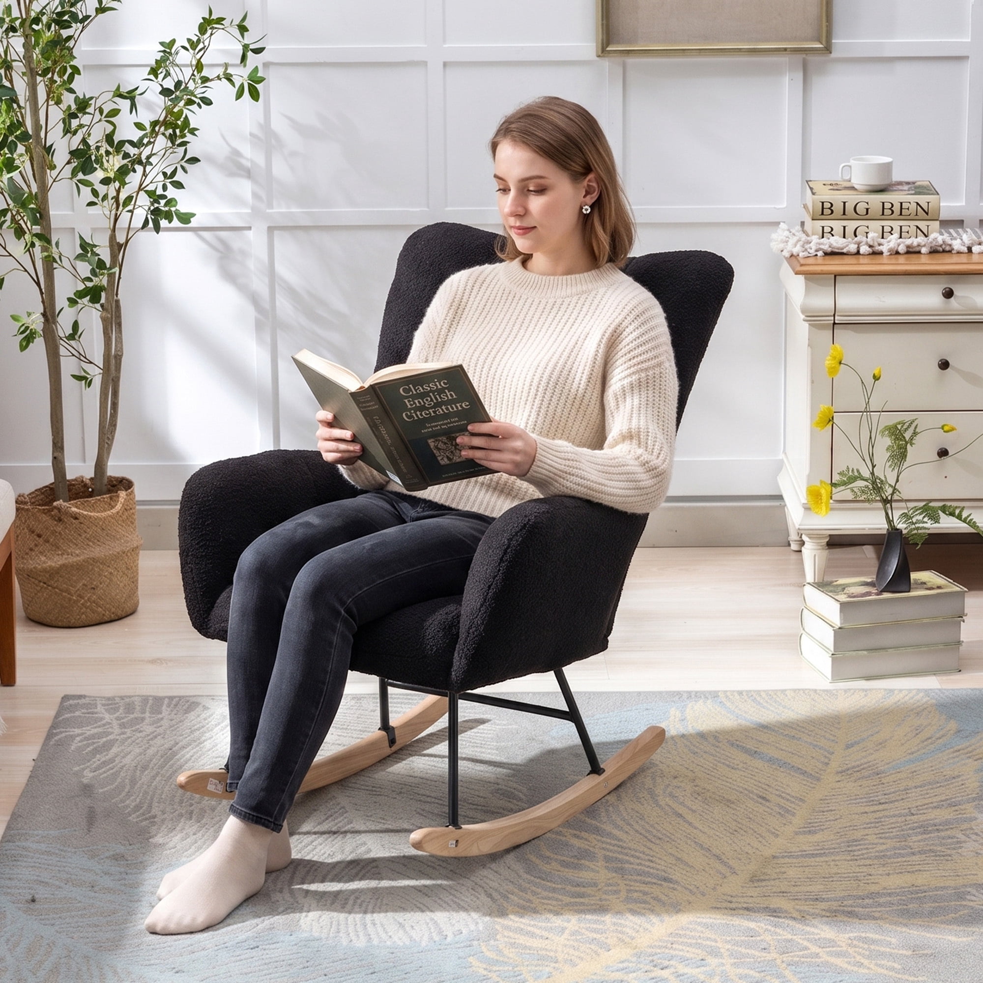 Leumius Rocking Chair Nursery,Teddy Upholstered Glider Rocker with High Backrest,Modern Rocking Accent Chairs Glider Recliner for Living Room, Nursery, Bedroom,Black