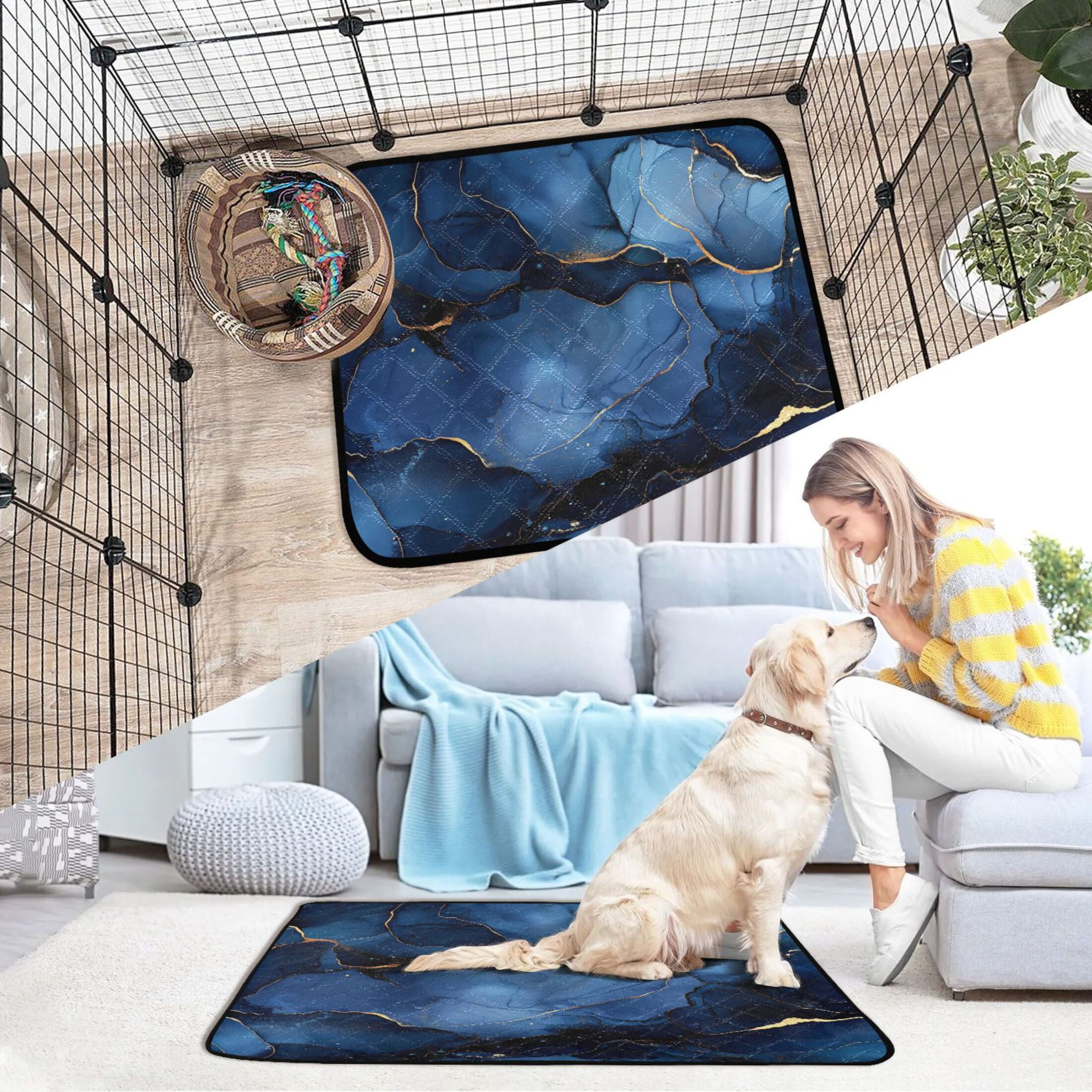Qxltty Navy Blue Gilt Marble Cat litter Pads Pet Set of 2 Diaper Mats Center Anti-leakage Layer Absorbent Soft and Comfortable