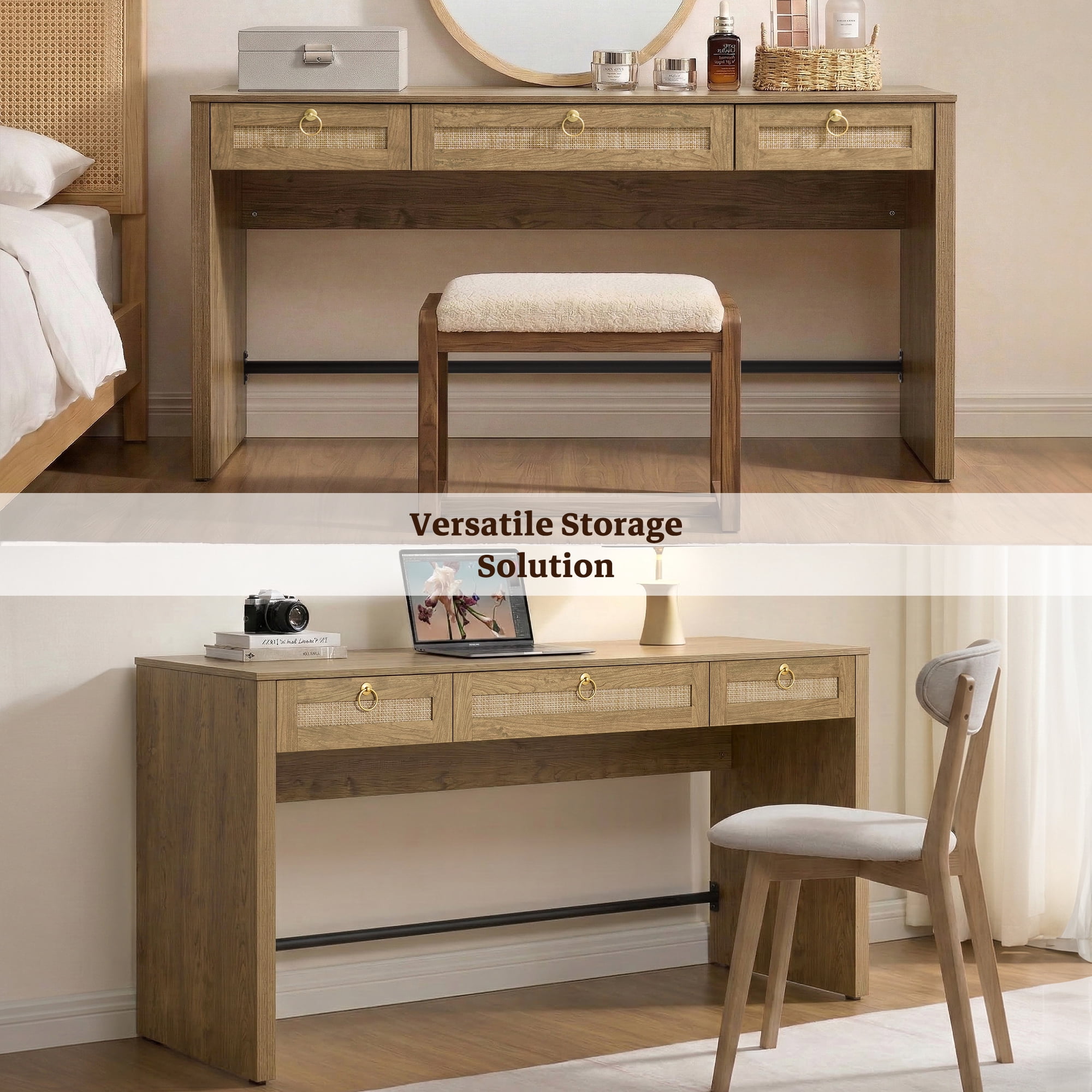 SICOTAS 59.05" W Home Office Computer Desk with Ample Storage，Boho Writing Desk with 3 Spacious Drawers & Unique Rattan Decor, Farmhouse Coastal Classic Style, Cherry Oak,