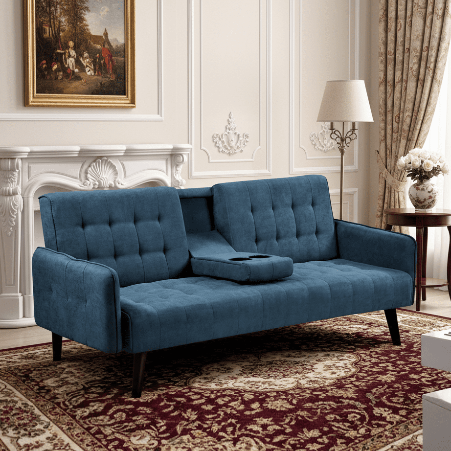 BSHTI 72" Linen Sleeper Sofa Bed with Folding Backrest,Adjustable Back, Drop-Down Table with Cup Holder for Living Room（Light Blue）