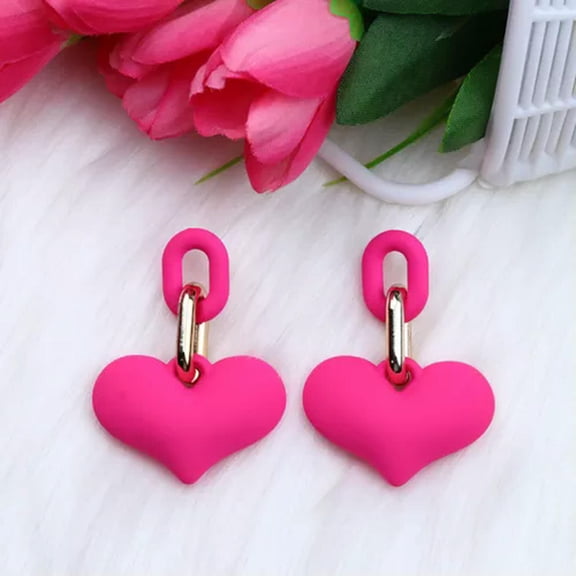 HOOUN 1Pair 3D Acrylic Heart Earrings Dangle Candy Color Earrings Jewelry Charms Gifts-Rose Red