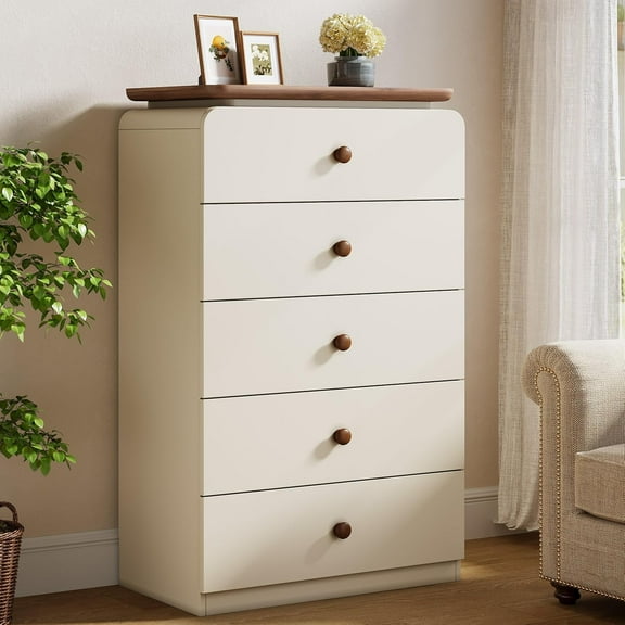 Tribesigns 5 Drawers Chest, 45-Inch Tall White Storage Cabinet for Bedroom, Closet (White&Brown)