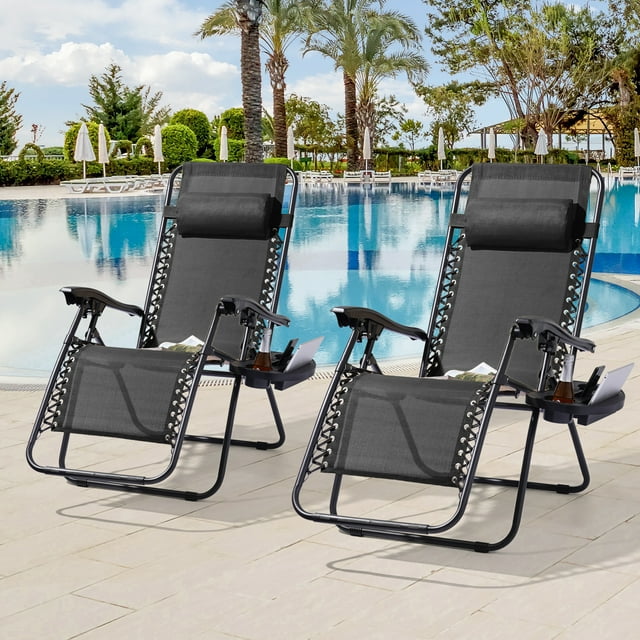 Sonerlic 2 Pcs Outdoor Patio Adjustable Zero Gravity Chair with a Side Tray for Patio,Deck,Poolside and Garden, Black