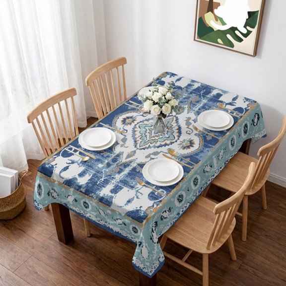 Blue Boho Table Cloth Waterproof Tablecloths, Farmhouse Bohemian Medallion Oriental Flower Tablecloth Dining Table Cover for Kitchen Party Tabletop Outdoor, Rectangle Tablecloth 60x84 Inch