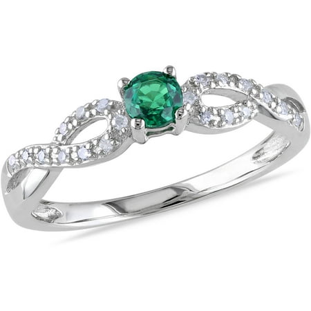 1/10 Carat T.G.W. Created Emerald and Diamond Accent Sterling Silver Cross-Over Ring
