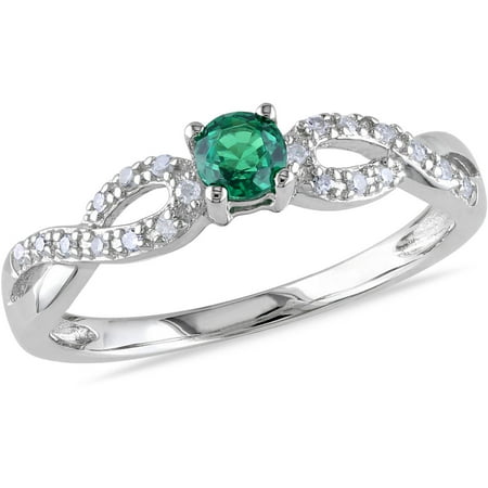 Created Emerald Cross - 1/10 Carat T.G.W. Created Emerald and Diamond Accent Sterling Silver Cross-Over Ring