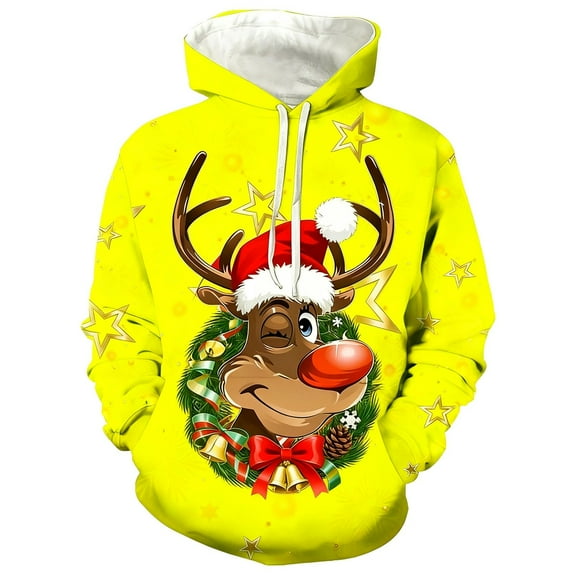 Fiaer Men's Hoodie Christmas Funny Graphic Oversized Hooded Sweatshirts Long Sleeve Drawstring Pocket Xmas Tops Yellow XL