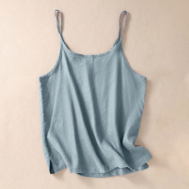 mfyjkho Tops De Gimnasio Para Mujer, Top Corto De Lino Con Cuello Redondo Y Tirantes Para Mujer, Color Liso, Con Dobladillo Con Aberturas Tops Para Mujer S