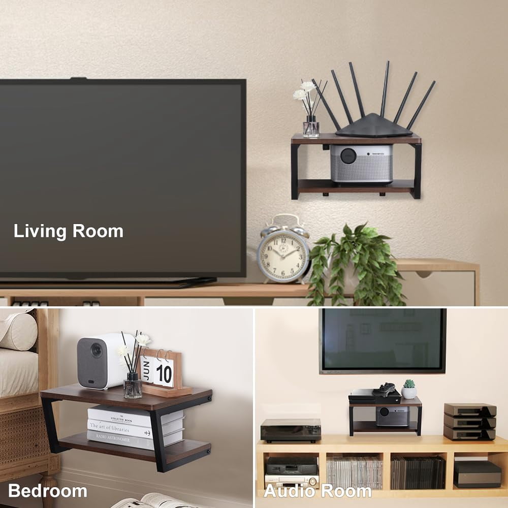 LUCKUP Wall Mounted Floating Wall Shelves, 2 Shelves Wood with Metal Steel Frame Projector Shelf, AV Media Stand, Entertainment Center, Strengthened Metal Steel Frame