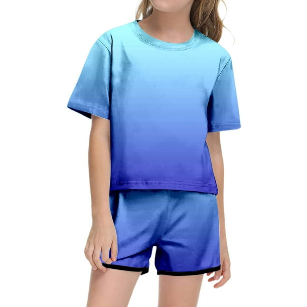 Conjunto de verano para niña REDARER con efecto tie-dye: camiseta de manga corta y pantalones cortos, ropa informal ligera con bolsillo, talla 11-12 años
