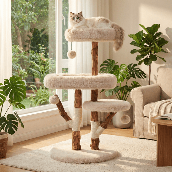 Erommy 44" Real Wood Cat Tree for Large Cats, 3-Tier Plush Cat Tower with Sisal Scratching Posts, Beige