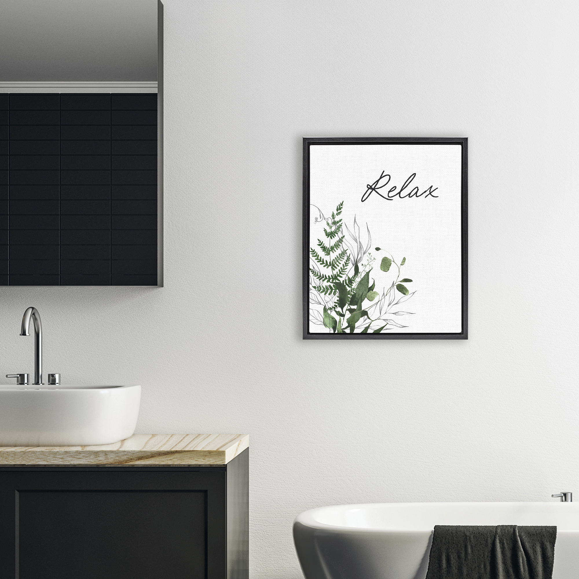 Relax Ferns & Botanicals Black Framed Floater Canvas Wall Art, design by Lettered and Lined