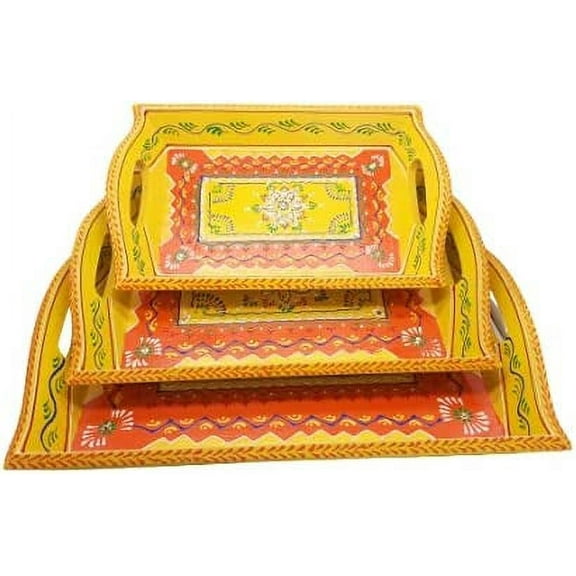 India Meets India Handmade Wooden Serving Tray w/ Meenakari and Crystal Stone Artwork [Yellow], Kitchen/Table & Home Decor/Dinning/Gifts/Restaurants/Living Room/Coffee Table, Set of 3