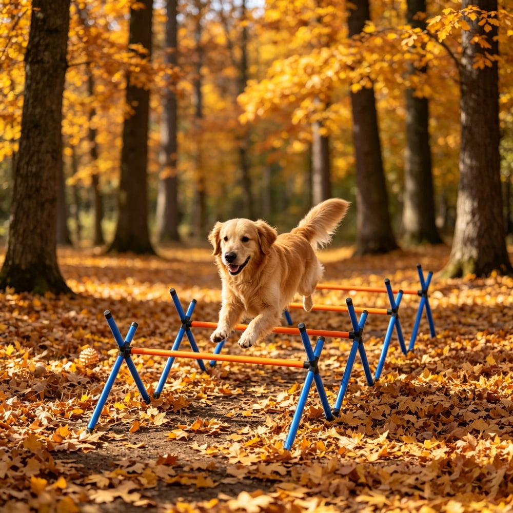 Dog Agility Training Set, 4 Jumps with 3 Adjustable Heights, Tool-Free Assembly, Oxford Carry Bag for All Skill Levels Dogs