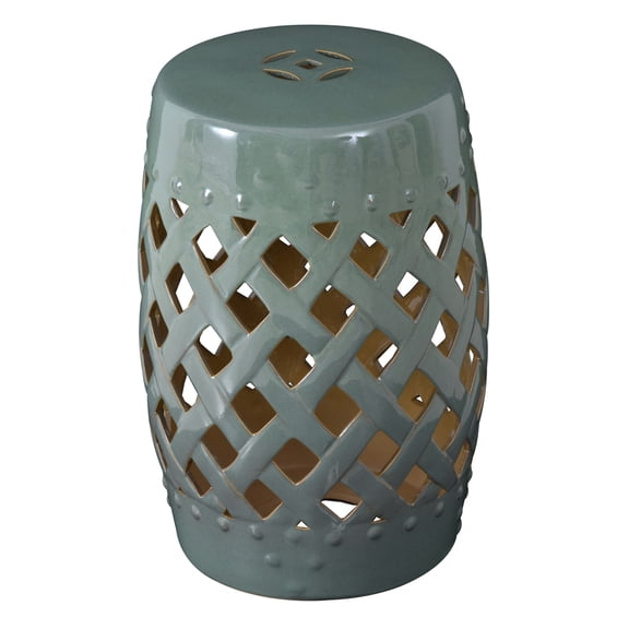13" Ceramic Garden Stool - Green Woven Lattice Outdoor Decorative Seat, Footrest - Durable Glazed Porcelain Patio Furniture