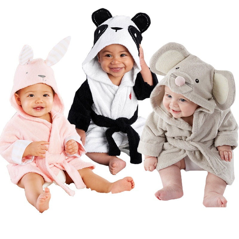 Gray Mouse, 1-2Y Infant Baby Boys Girls Cartoon Animal Bathrobe Coral Velvet Hooded Towel Bath Robe Long Sleeve Pajamas Clothes