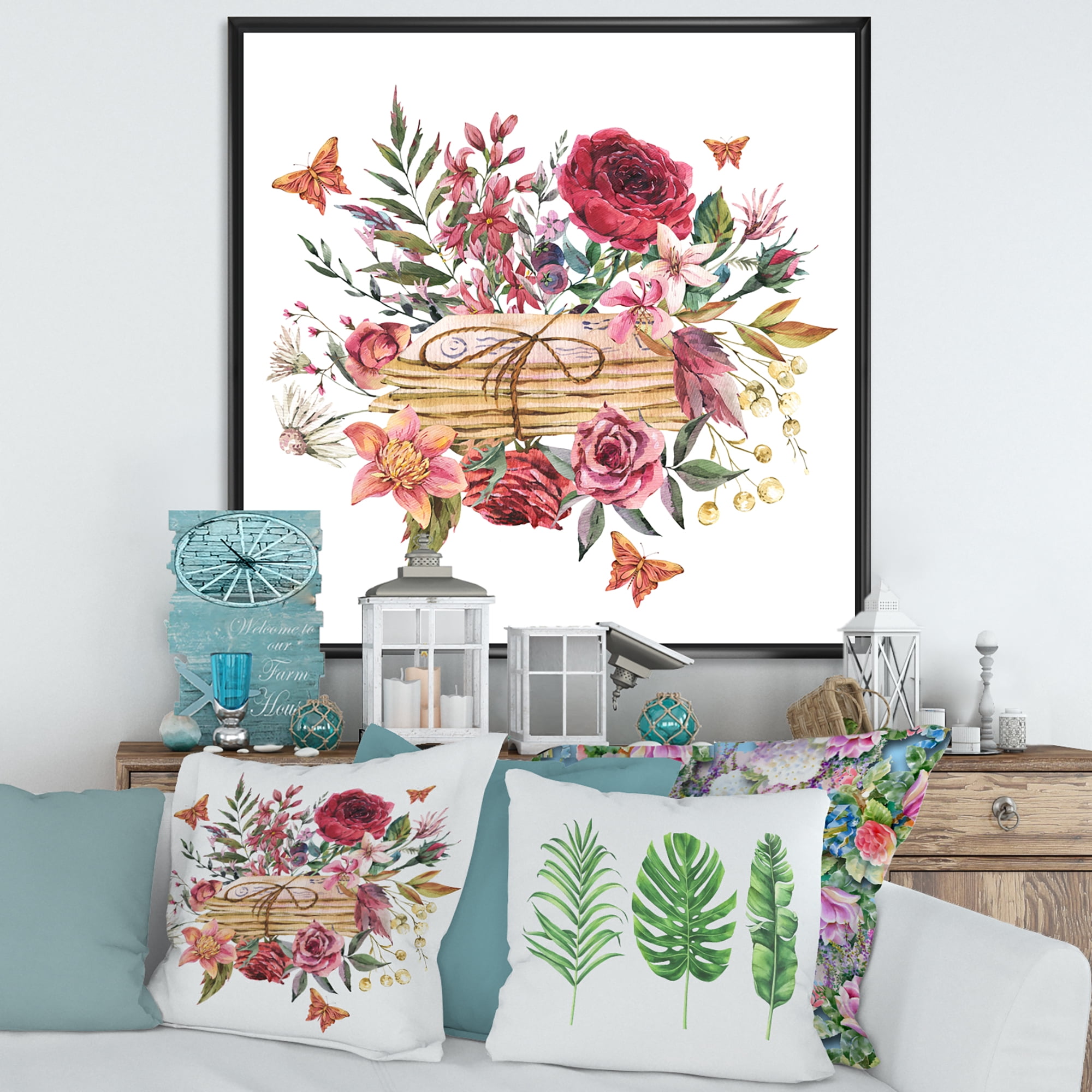 Wildflowers With Vintage Old Letters 30 in x 30 in Framed Painting Canvas Art Print, by Designart