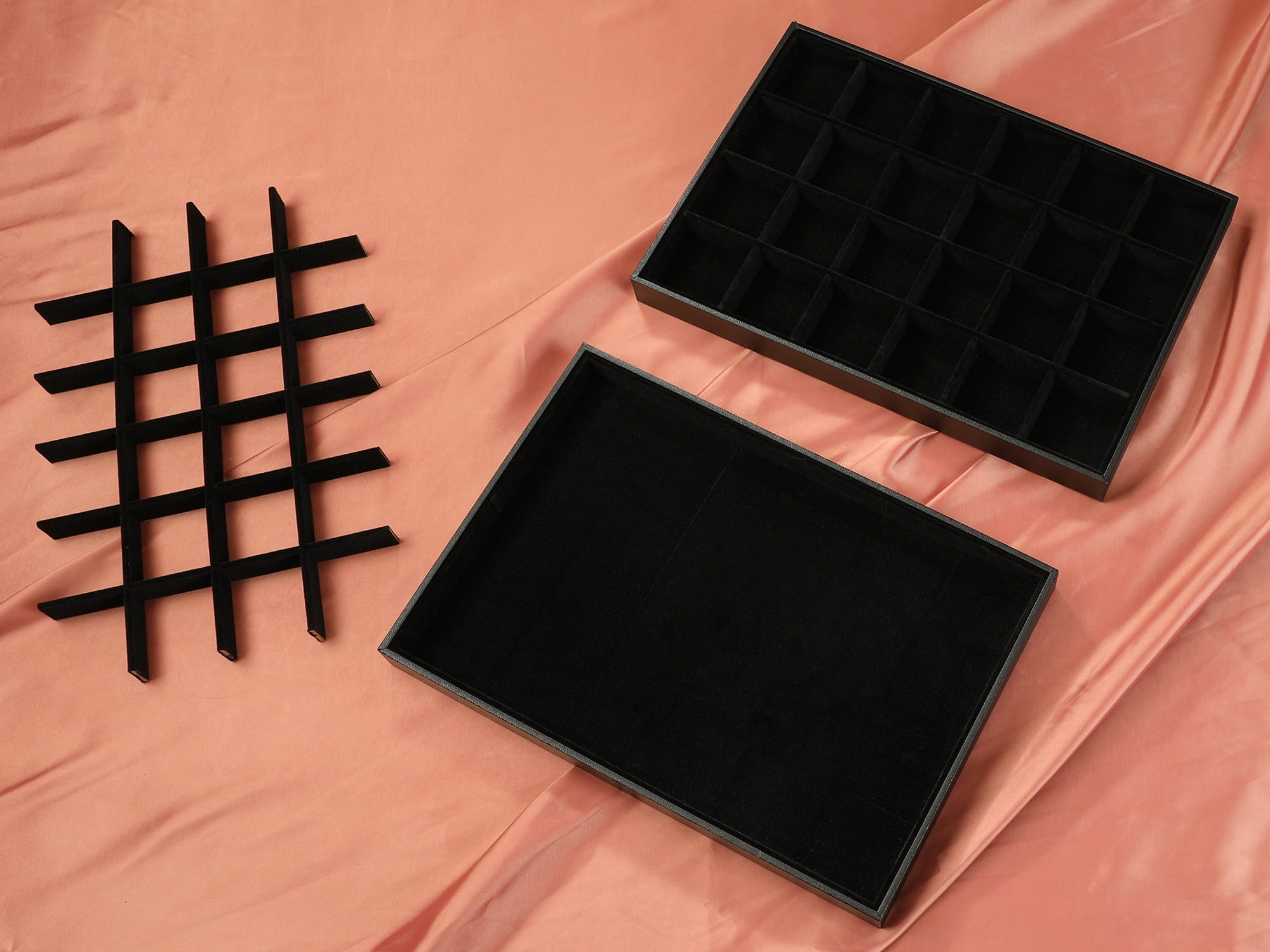 Unique Bargains Set of 2 Velvet Jewelry Boxes Organizer Trays with Removable Dividers Black 24 Grid Tray