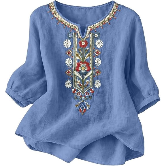 3/4 Sleeve Embroidered Tops for Women Summer Spring Dressy Casual Plus Size Cotton Linen Shirts Bohemian V Neck Tunic Peasant Fashion Blouses Clothes