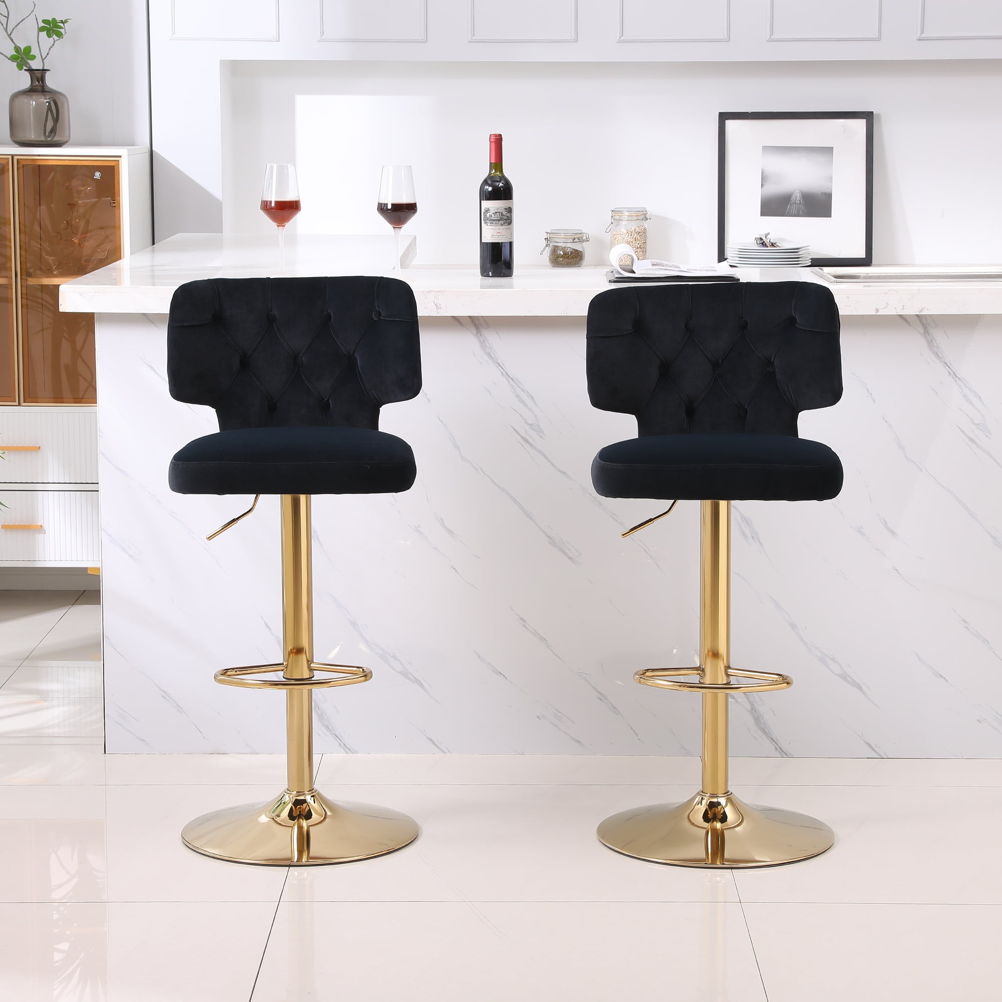 Kadyn Set of 2 Adjustable Swivel Bar Stools Chair with Back& Footrest for Home, Black Kadyn Set of 2 Adjustable Swivel Bar Stools Chair with Back& Footrest for Home, Black