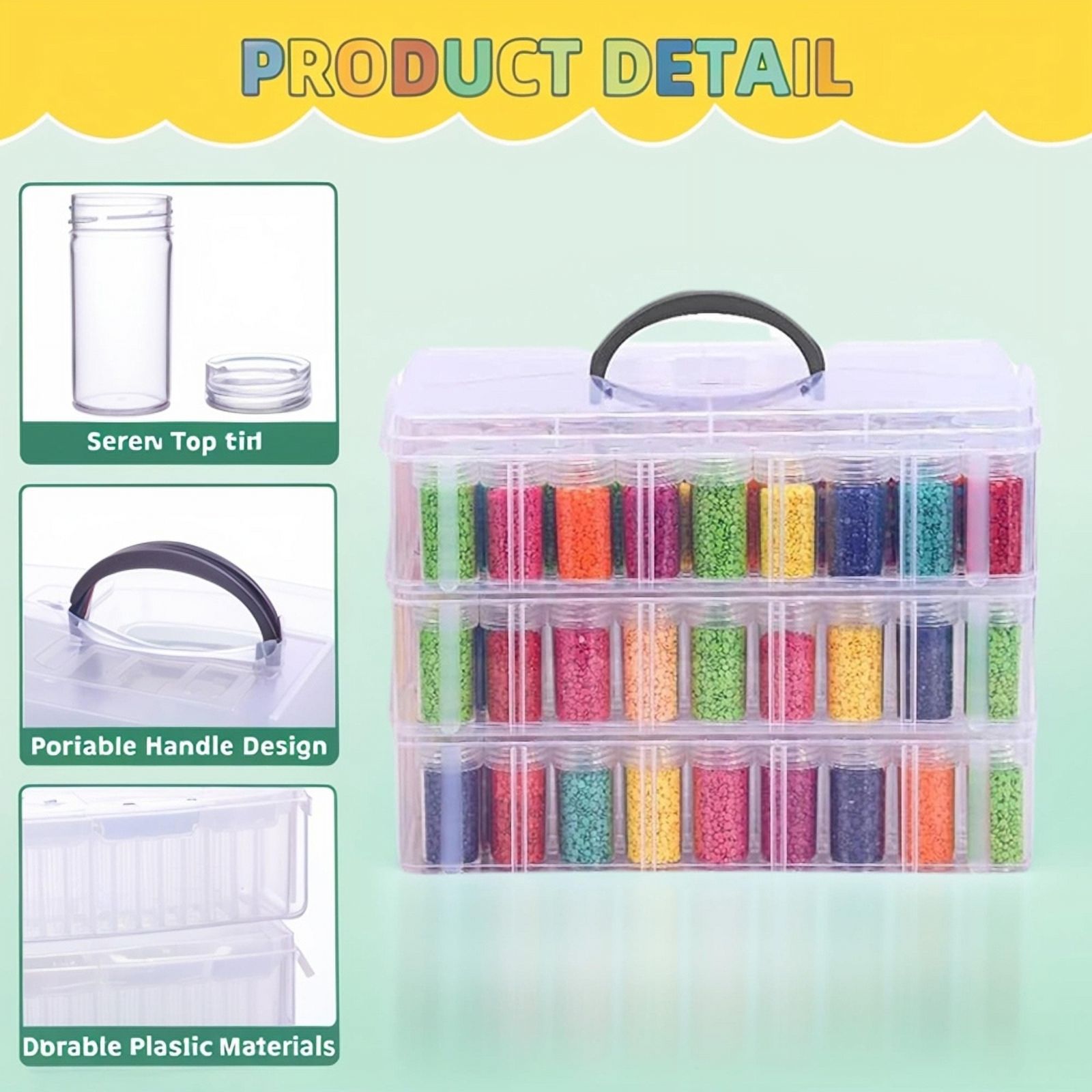 -Painting Storage Container, 3-Tier Stackable Bead Organizer with Carrying Handle, Craft Storage Box